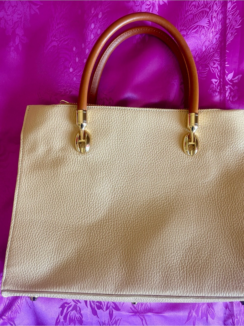Valentina Cream Pebbled Leather Satchel with Brown Handles and Gold Charm - Picture 2 of 3